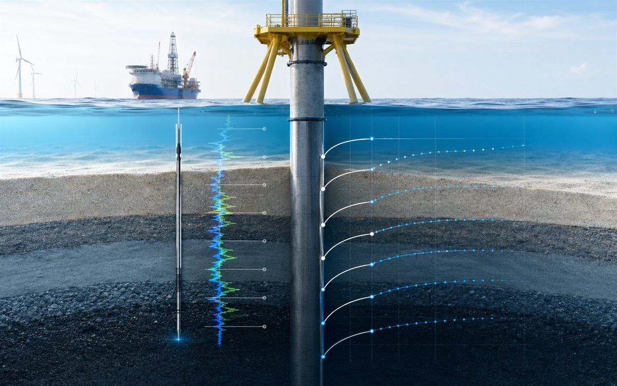 Technical cutaway of an offshore pile foundation with CPT traces and p-y response curves